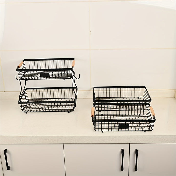 Cesta de frutas de 2 niveles con ganchos para plátanos - Estante de almacenamiento de alambre negro duradero para encimera de cocina, perfecto para frutas, verduras, snacks, café, cuidado de la piel y toallas, solución de almacenamiento de cocina | Acces