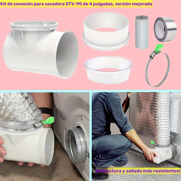 Kit de Conexión de Conducto para Secadora de Ropa Mejorado Estándar de 4 Pulgadas con Soporte y Conector de Tubo de Secadora STV-90 para Ventilación Interior - No Requiere Electricidad