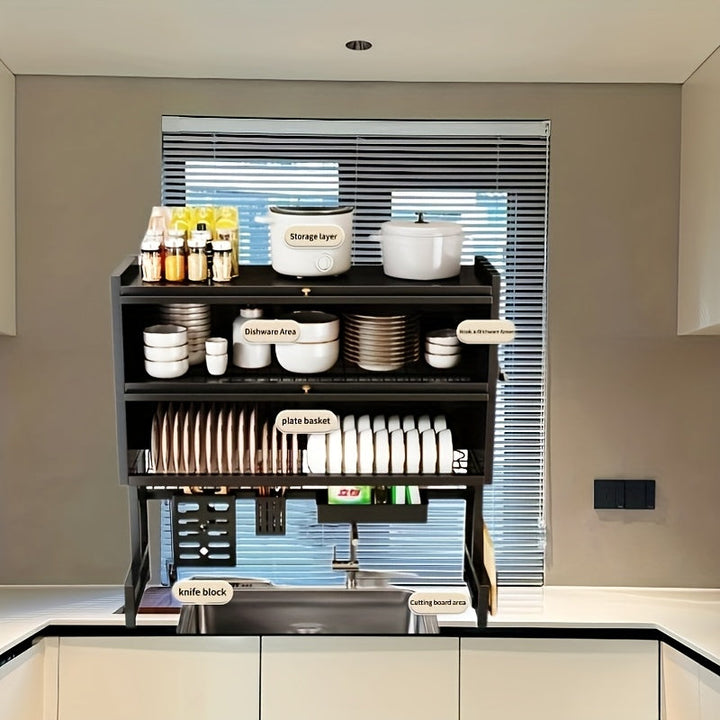 Organizador de Cocina Multifuncional con Porta Utensilios, Estante para Fregadero Antipolvo en Acero y Plástico para Platos, Tazones y Tablas de Cortar, Organizadores de Lavabo