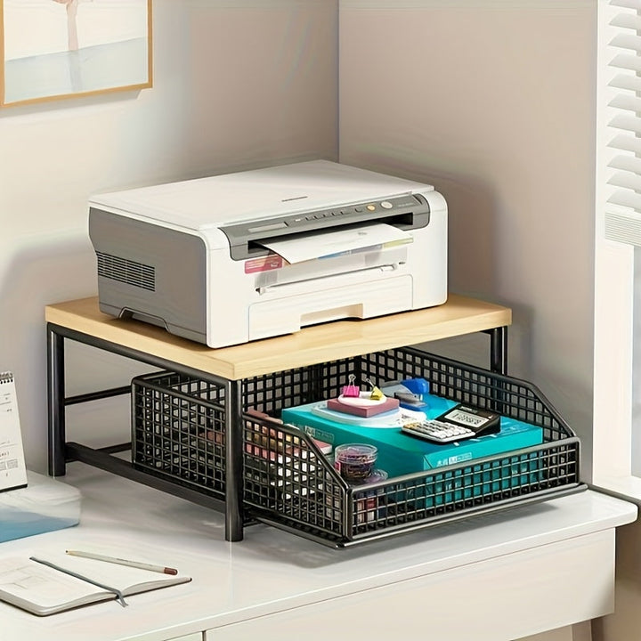 1 caja de almacenamiento de metal con capas de bambú moderno con cajones, diseño que ahorra espacio para electrodomésticos de cocina y organización de cubiertos, decoración duradera del hogar con canastas de metal negro para organizar lo esencial.