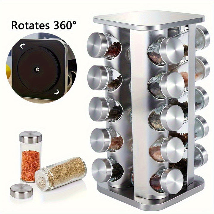 Organizador de Condimentos Giratorio de Acero Inoxidable con Tarros de Vidrio, 10 Diseños Festivos, Estante Multinivel para Cocina, Base Giratoria 360°, Ahorra Espacio en la Encimera