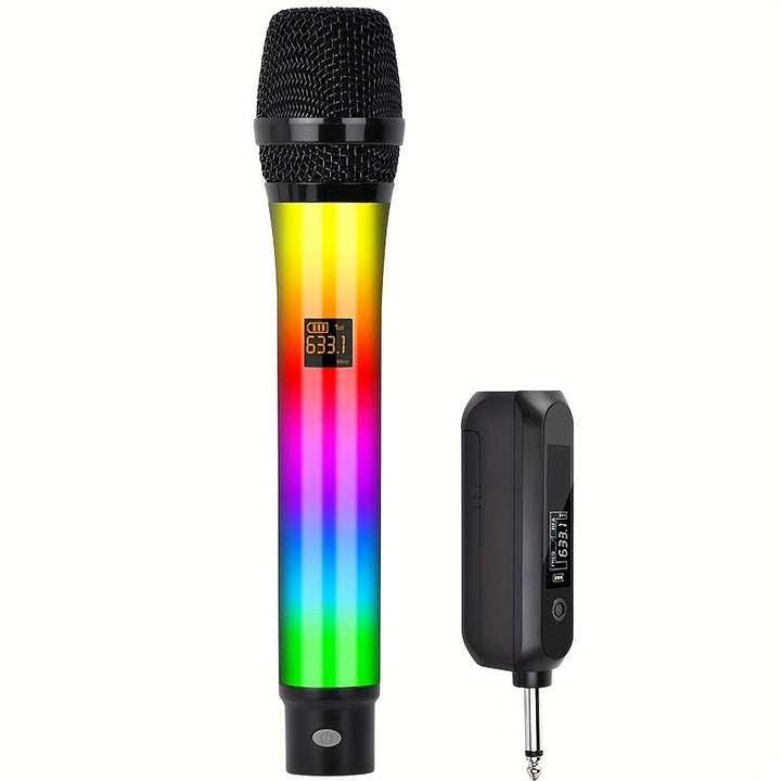 Micrófono inalámbrico G-MARK 2.4G, doble micrófono, luz dinámica RGB con gradiente, para Kara OK, transmisión en vivo, canto, vida útil de la batería de 2 horas, kit ligero de plástico.