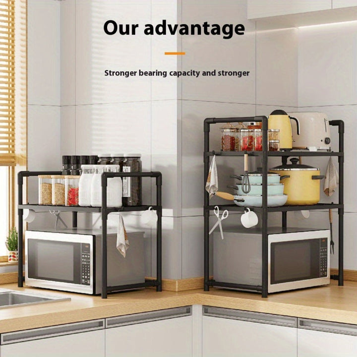 Organizador de cocina de 2 niveles para microondas con estantes de rejilla diamantada, amplio y resistente, ideal para microondas, tostadora y electrodomésticos, incluye asas y ganchos, construcción duradera de plástico/metal, diseño ahorrador de espacio