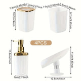 Juego de 4 accesorios para baño con rayas verticales, incluye dispensador de líquido, portacepillos, vaso para enjuague bucal y jabonera - Kit organizador esencial para baño, material plástico