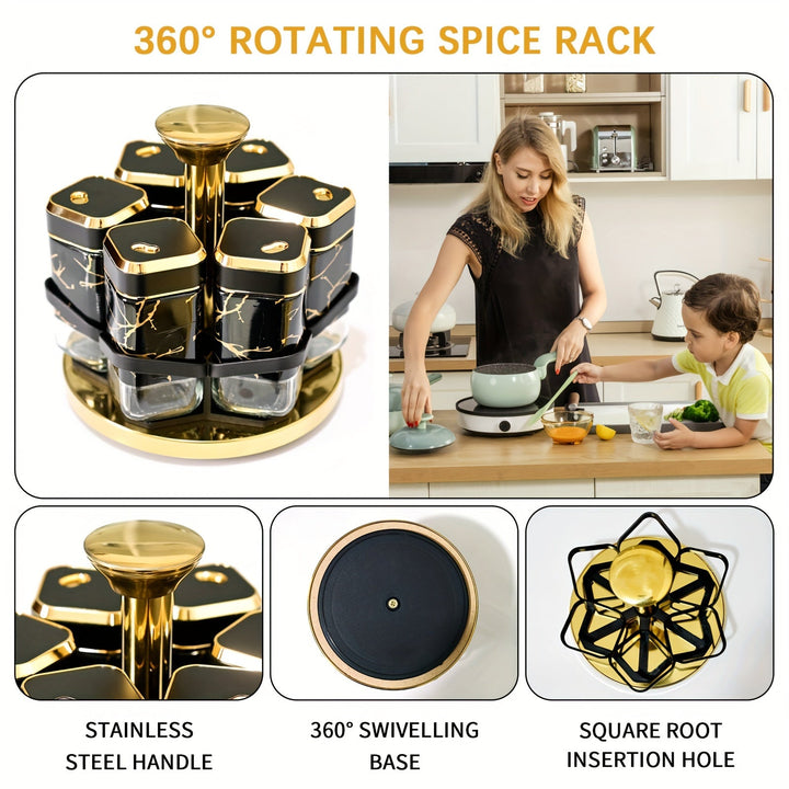 Estante giratorio de especias con 6 frascos de especias: Ahorra espacio y conveniencia - Organizador de cocina - Incluye 6 frascos de especias etiquetados, Estante giratorio de especias/Organizador de especias/Organizador de especias, Acero inoxidable