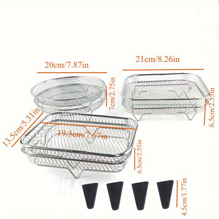 Juego de 6 Accesorios para Freidora de Aire de Acero Inoxidable: Rejilla Apilable, Base Elevadora - Compatible con Horno, Olla a Presión y la Mayoría de Freidoras. Rejilla Multifuncional Duradera y Segura con Diseño de Drenaje, Ideal para Papas Fritas, A