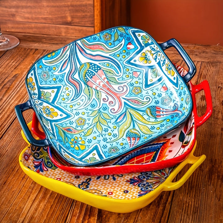 1 Juego de 4 Piezas de Platos Cuadrados Bohemios con Doble Asa. Platos Creativos de Cerámica, Versátiles para Frutas/Pastas. Diseño de 9 Pulgadas Seguro para Horno/Microondas. Asas Antideslizantes para Transporte Fácil, Elevando tu Ritual de Comida.