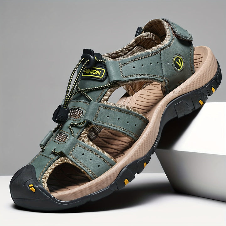 Sandalias de verano para hombre - Suela de goma ligera, antideslizante y duradera, parte superior de cuero auténtico transpirable, correas ajustables con gancho y bucle, zapatos de senderismo casuales para comodidad en todas las estaciones, sandalias de