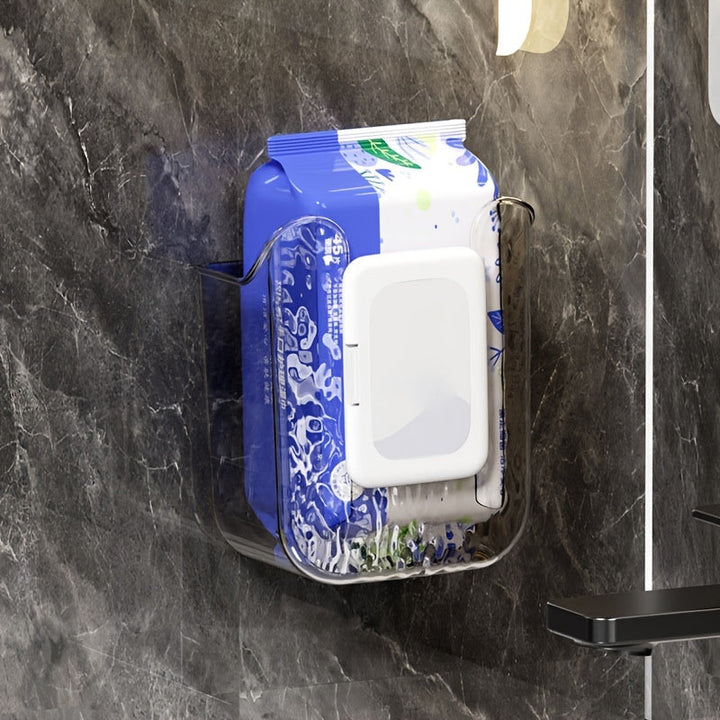 1pc Soporte mural de caja de pañuelos, dispensador de toallitas húmedas de plástico cuadrado, organizador de almacenamiento de pañuelos faciales sin taladro para baño, cocina
