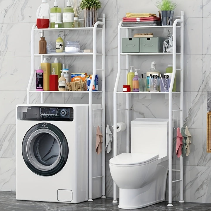 Estantería de Almacenamiento Sobre el Inodoro | Organizador de Baño Independiente de Metal con Ganchos | Instalación Sin Taladro | Estantes Multiniveles para Inodoro y Lavadora | Diseño Ahorra-Espacio | Acabado Blanco | Ideal para Toallas, Artículos de A