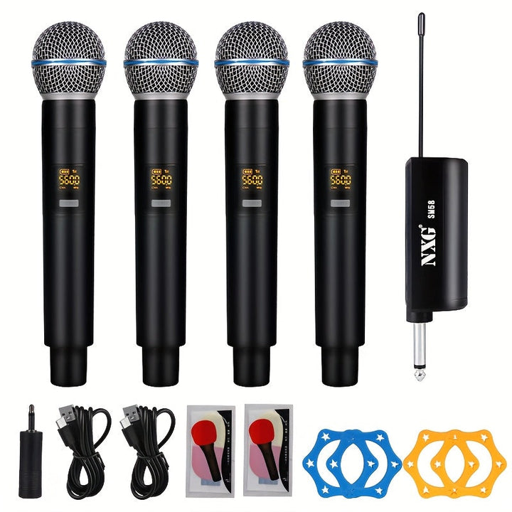 Microfono sin varillas Cantante NXG para Karaoke, sistema de micrófonos dinámicos portátiles de 4 UHF con control de voz/volumen y receptor recargable, ideal para iglesias, bodas, fiestas, discursos, refuerzo de sonido y mezcladores