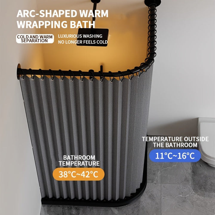 Cortina de baño plegable para esquinas curvas, separación de zona seca y húmeda, con ganchos enrollables negros, doble imán para fijación y material de lino imitación en los bordes. Ideal para baños en casa o vestidores. Cortinas para baños
