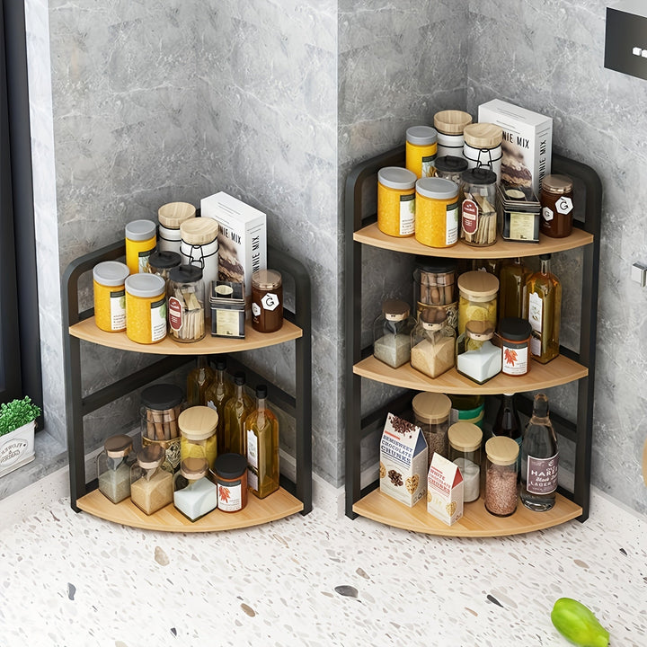 Organizador de Especias de Cocina de 2 Niveles en Acero Inoxidable y Madera Sólida - Estantería Abierta Independiente para Encimera, Rincón o Despensa - Diseño Clásico, Sin Montaje Necesario, Unidad de Almacenamiento para Cocina, Estante de Esquina, Cons