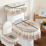 Juego de tres piezas de alfombra para inodoro estilo europeo con encaje, cubierta de inodoro doméstica, funda de inodoro con cremallera para las cuatro estaciones, cojín de inodoro universal