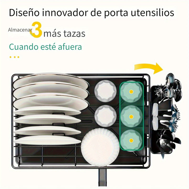 Escurridor de platos compacto de metal con porta utensilios y desagüe, ahorrador de espacio para cocina o fregadero, ideal para autocaravanas y apartamentos pequeños