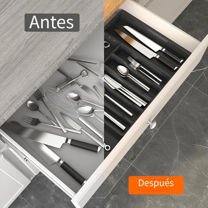 1 pieza, organizador de utensilios de cocina, bandeja expansible para tenedores, cuchillos y platos, soporte de cubiertos y vajilla sin BPA, caja de almacenamiento de plástico ajustable, adecuada para cucharas, tenedores y cuchillos.