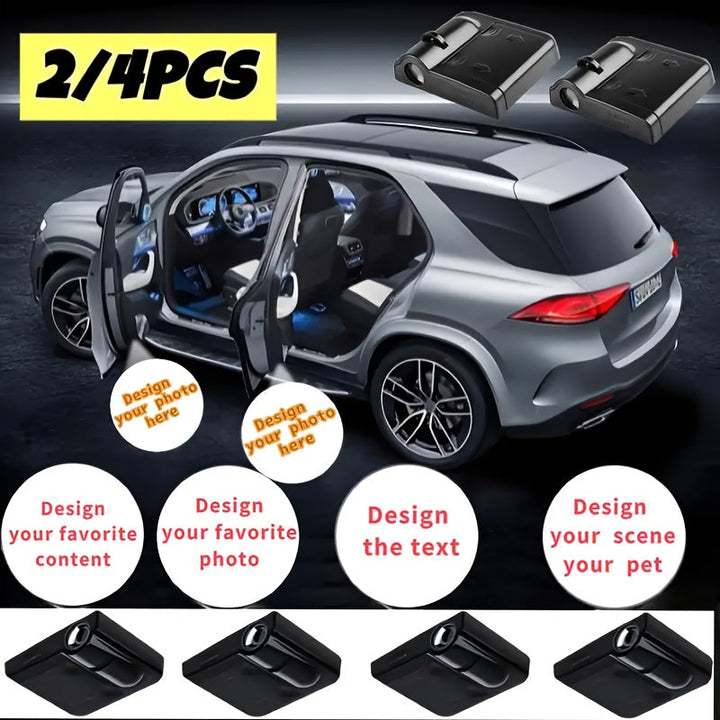 Luces de Proyección de Bienvenida para Coche Personalizadas Dos Piezas/Conjunto, Conjunto de Cuatro Luces de Bienvenida sin Batería, Todos los Diseños se Pueden Personalizar Según Preferencia Individual, Adecuado como Regalo para Diversas Fiestas