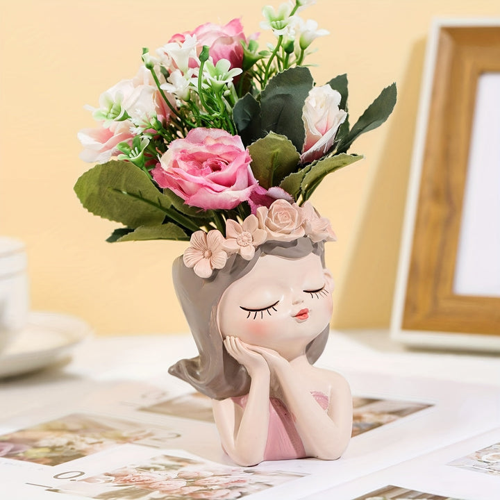 1 unidad, florero de resina, diseño de figura de niña, maceta decorativa, decoración para el hogar, centro de mesa, acento para interiores, decoración floral rosa