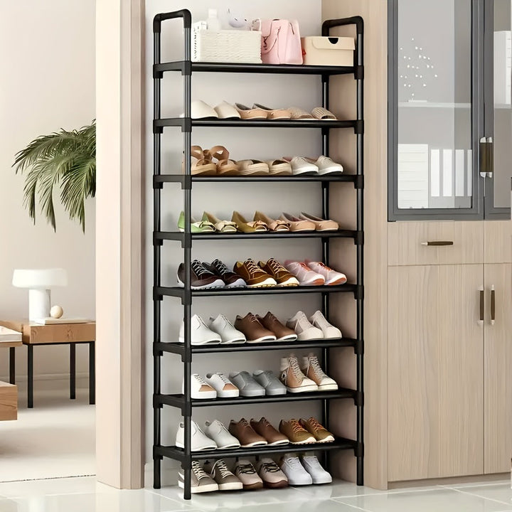 Organizador de zapatos resistente para tenis talla 18-24, diseño moderno que ahorra espacio con 6/7/8 niveles, almacenamiento de tela multicapa, fácil de armar y portátil para guardar tacones y botas, ideal para entradas