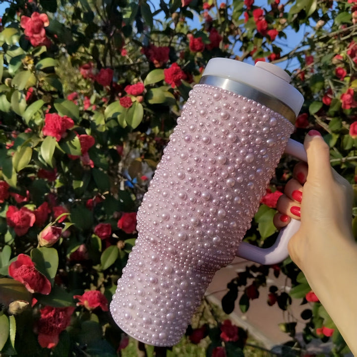 Térmico de acero inoxidable con incrustaciones de perlas, 40 oz, con asa y popote, gran capacidad, reutilizable, solo lavado a mano, ideal para el auto, viajes y días festivos