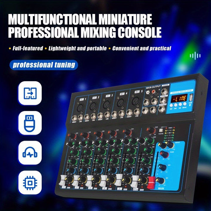 Consola de mezcla portátil de 7 canales NXG con puertos USB y MP3, alimentación fantasma de 48 V, construcción de aleación, funcionamiento con fuente de alimentación, enchufe estadounidense de 110-130 V, mezclador de audio profesional para grabaciones y