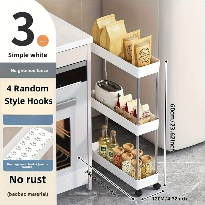 Carrito de Almacenamiento Móvil Multifuncional de 3 capas/4 capas: Diseño de Drenaje Hueco, Solución de almacenamiento ultrafino adecuada para cocina, baño, lavandería, estante angosto y combinación de estantería rodante, crea un organizador eficiente de