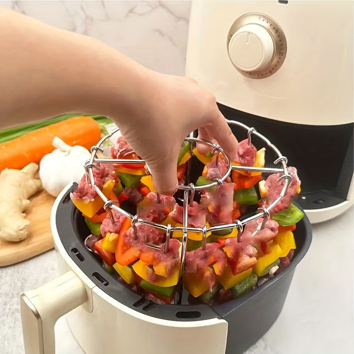 Parilla de Acero Inoxidable con 24 Pinchos para Barbacoa - Perfecta para Pollo, Carne y Verduras, Diseño Redondo Colgante para Distribución Uniforme del Calor, Sin Necesidad de Darle la Vuelta, Fácil de Limpiar, Ideal para Freidora o Horno, Herramienta d