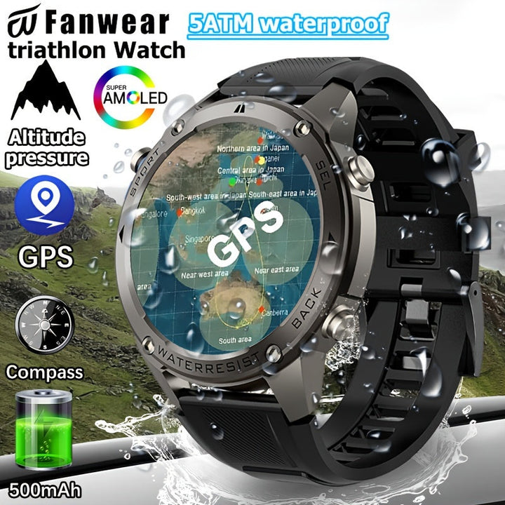 Reloj Inteligente Fanwear GPS con Brújula, Altitud, Presión Atmosférica, Natación, Triatlón, Temporizador, 5ATM Alta Calidad, Cronómetro, 170+ Modos Deportivos, Reconocimiento Automático de Movimiento, Batería USB de 500mAh, Chip ATS3085L, sin varillas 5