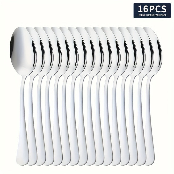 Juego de 16 Cucharas de Acero Inoxidable Plateado, Cuchara para Sopa, Cuchara Ralladora y Mezcladora - Adecuadas para Sopas, Café y Postres - Lavavajillas Seguro - Utensilios Esenciales para Hogar y Restaurante