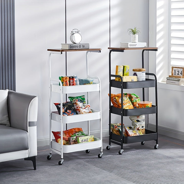 Carrito de Almacenamiento Versátil de 4 Niveles con Ruedas - Diseño Delgado, Tapa de Madera y Cestas de Malla para Cocina, Oficina, Baño - Estructura Metálica Duradera, Acabado en Polvo - Negro/Blanco, Ganchos de Utilidad