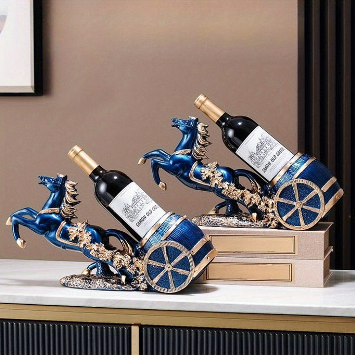 Elegante estante de vino azul para caballo - Diseño de resina lujoso con detalles dorados, ideal para cocina, comedor y decoración del hogar, perfecto para el Día de San Valentín, decoración de caballos.