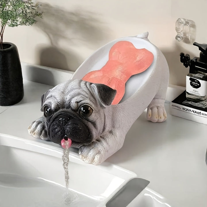 Plato de jabón para perros bulldog de resina - Diseño de estatua de bulldog blanco realista, decoración ovalada para el hogar y accesorio de baño, perfecto para decorar la cocina o el salón.