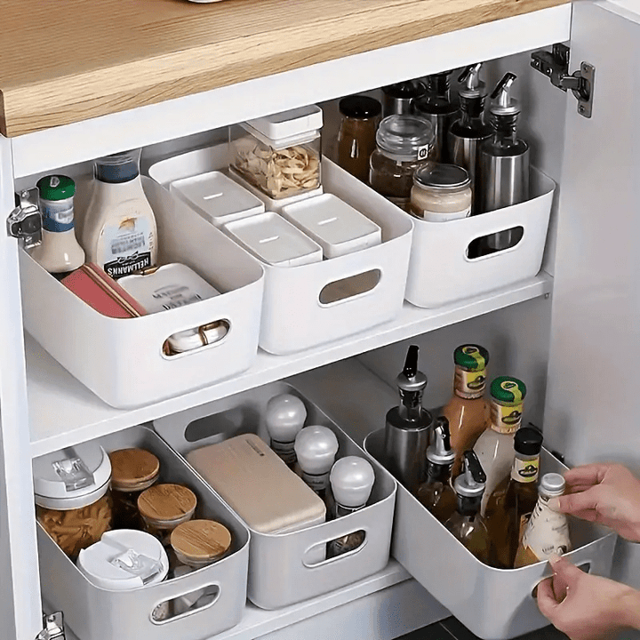 10pcs Cestas de Almacenamiento de Plástico Blanco con Asas - Cajas Organizadoras Rectangulares Versátiles para Armarios de Cocina, Baño y Despensa - Ideales para Especias, Snacks y Esenciales, Cestas de Estante
