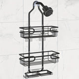 Organizador de Baño Colgante Ajustable de 3 Niveles en Negro con Ventosas - Sin Taladro, con Ganchos y Plato para Jabón, Soporte de Ducha, Cesta