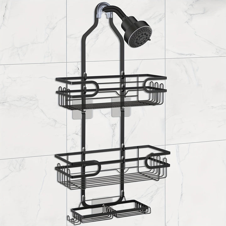 Organizador de Baño Colgante Ajustable de 3 Niveles en Negro con Ventosas - Sin Taladro, con Ganchos y Plato para Jabón, Soporte de Ducha, Cesta