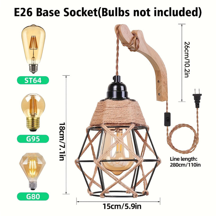 1pc Sconce de madera de granja rústica - Altura ajustable, control de botón de pulsar, 110-130V enchufe US, montaje de pared desmontable con hardware de instalación, sin bombilla incluida