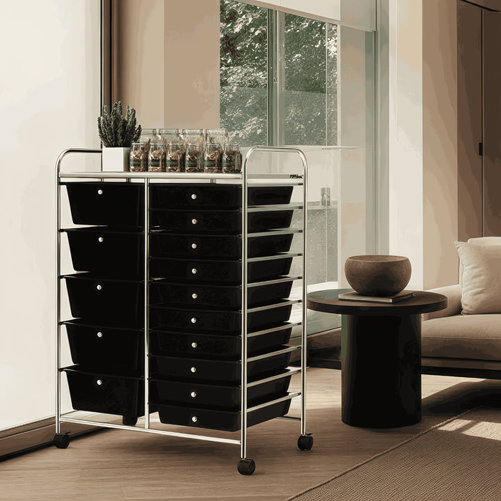 Carrito de almacenamiento con ruedas, 10/12/15 cajones, estructura metálica y cajones de plástico, multifuncional, práctico para el hogar y la oficina (Blanco transparente/Negro avanzado/Color2)