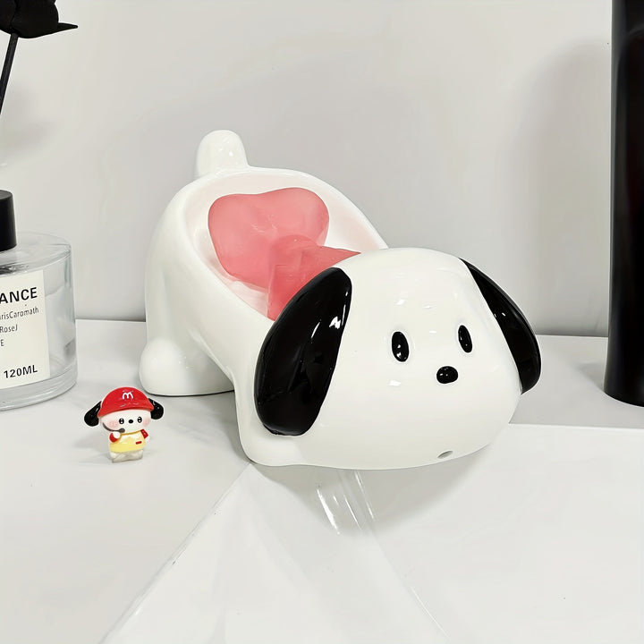 Plato de Jabón Cerámico para Perro y Blanco Lindo - Diseño Ovalado con Drenaje Rápido y Recorte en Forma de Corazón, Accesorio Decorativo Duradero para Baño y Encimera de Cocina, Portajabones Resistente, Soporte para Barra de Jabón