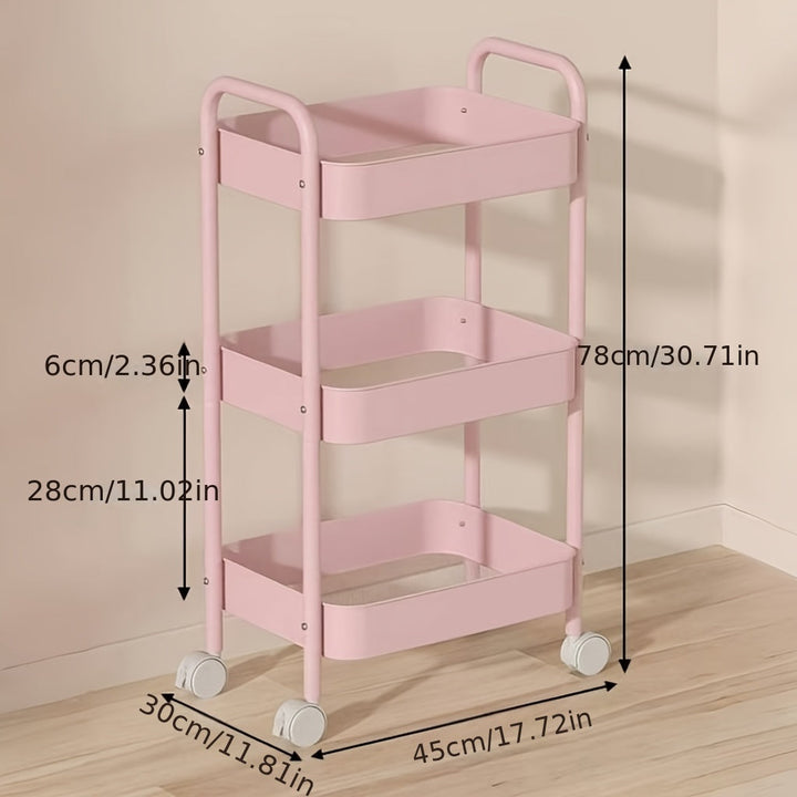 Carrito de almacenamiento metálico giratorio de 3 niveles, rosa/blanco/rojo, organizador móvil duradero con ruedas para cocina, baño y dormitorio, estante compacto que ahorra espacio para alimentos, snacks y artículos de hogar, gancho de utilidad.