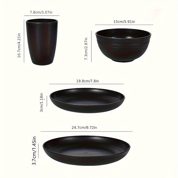 Juego de vajilla de plástico de 16 piezas - Incluye platos, tazones, tazas y platillos - Ideal para camping, picnics, reuniones familiares, autocaravanas, fiestas y residencias universitarias