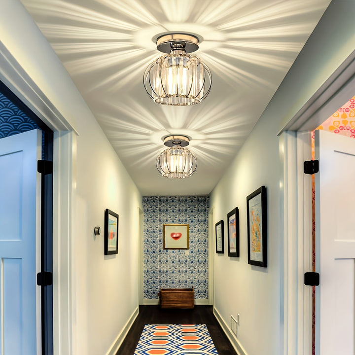 1 Lámpara de Techo Semi-Encajada Pequeña con Cristales, Luz de Jaula Metálica Estilo Granja para Iluminación Interior en Salón Pasillo Baño Entrada Cocina, Bombilla E26 No Incluida