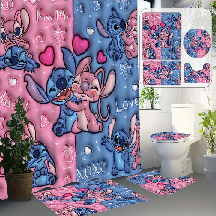 Juego de cortina de ducha confeccionada de 4 piezas incluye cortina de ducha, alfombra antideslizante, asiento de inodoro y tapete en forma de U - Diseño dulce de dibujos animados para crear tu baño soñado