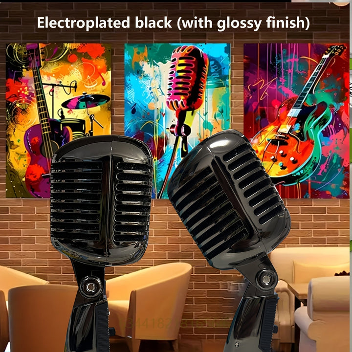 Microfono Vocal Dinámico Retro Clásico BT-55 - Negro, Aleación de Aluminio, Jack de 6.35mm, Ideal para Karaoke y Grabación, Fondo de Arte Mural Temático Musical Vibrante, Utilizado para Cantar en Karaoke, Estilo Retro