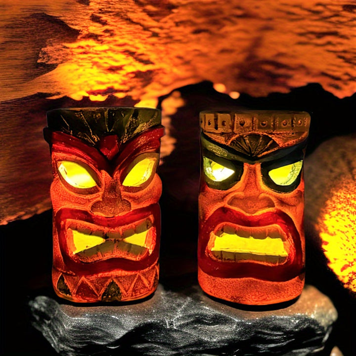 XXOASIS Hawaiian Tiki Resin Solar Lantern, acabado encáustico, control de botón pulsador, batería de níquel de 200 mAh, jardín al aire libre, patio, césped, balcón, decoración del alféizar de la ventana, regalo único para las fiestas.