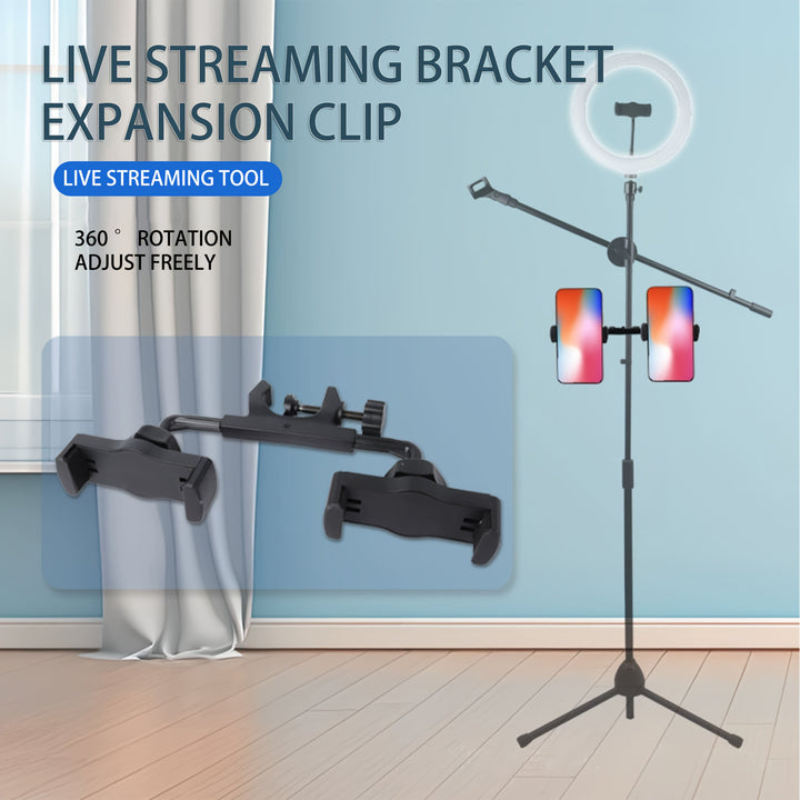 Sujeción de teléfono dual ajustable - Dispositivo de selfie flexible y estable para modo paisaje/retrato, soporte de teléfono móvil de plástico negro con múltiples clips, configuración de selfie | Soporte ajustable | Plástico duradero