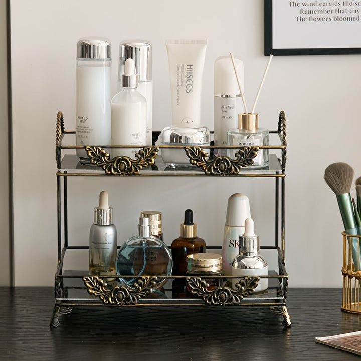 Estantería Organizadora de Baño Metálica de 3 Niveles para Cosméticos, Perfumes y Cuidado de la Piel - Estante de Almacenamiento Multicapa de Hierro Negro con Borde Floral Dorado Decorativo, Ideal para Tocador o Habitación Universitaria