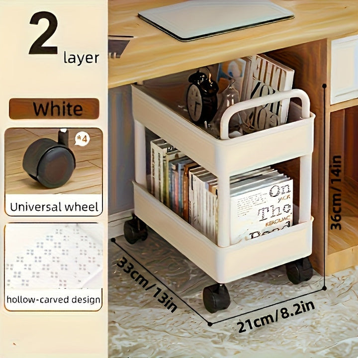 1 estante de almacenamiento giratorio de doble capa con ruedas - Organizador de oficina, bocadillos y libros de plástico duradero - Estante de escritorio ahorrador de espacio para cocina, dormitorio, hogar y baño, estante práctico.
