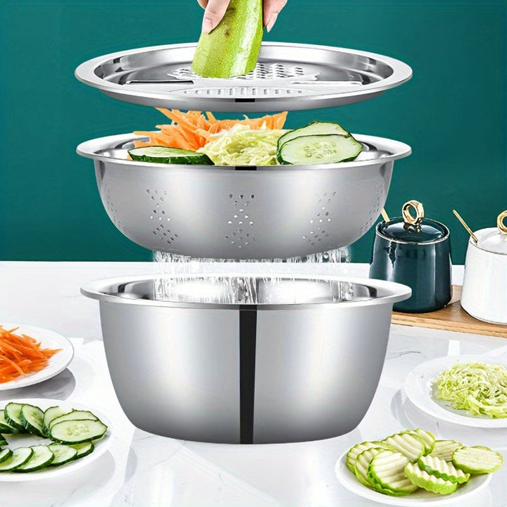Juego de cocina de acero inoxidable de 3 piezas con rallador integrado, colador multifuncional y tazón de mezcla para lavar y cortar frutas, verduras, queso - Tazones de preparación de alimentos seguros con sistema de drenaje
