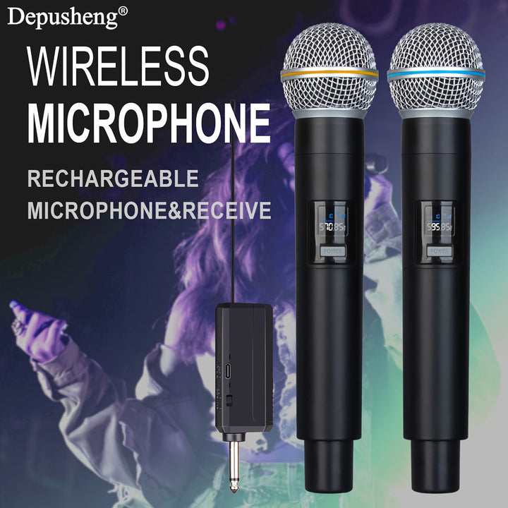 Micrófono Inalámbrico Recargable DEPUSHENG de Doble Canal 4 Canales Plug and Play Adecuado para Karaoke, Cantar, Discursos, Bodas, Sistemas de PA