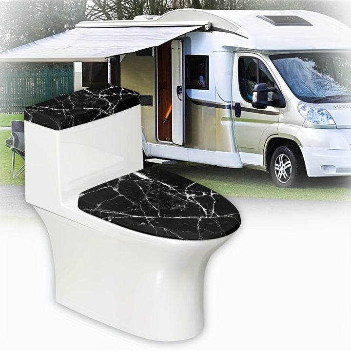 1 Juego De 2 Piezas, Tapas De Inodoro Con Diseño De Mármol De Color Negro, Decoración Elástica Para Baño, Se Adapta A La Mayoría De Los Tanques Y Tapas De Inodoro Redondos Y Alargados, Ideal Para Uso Para El Hogar Y En Autocaravanas